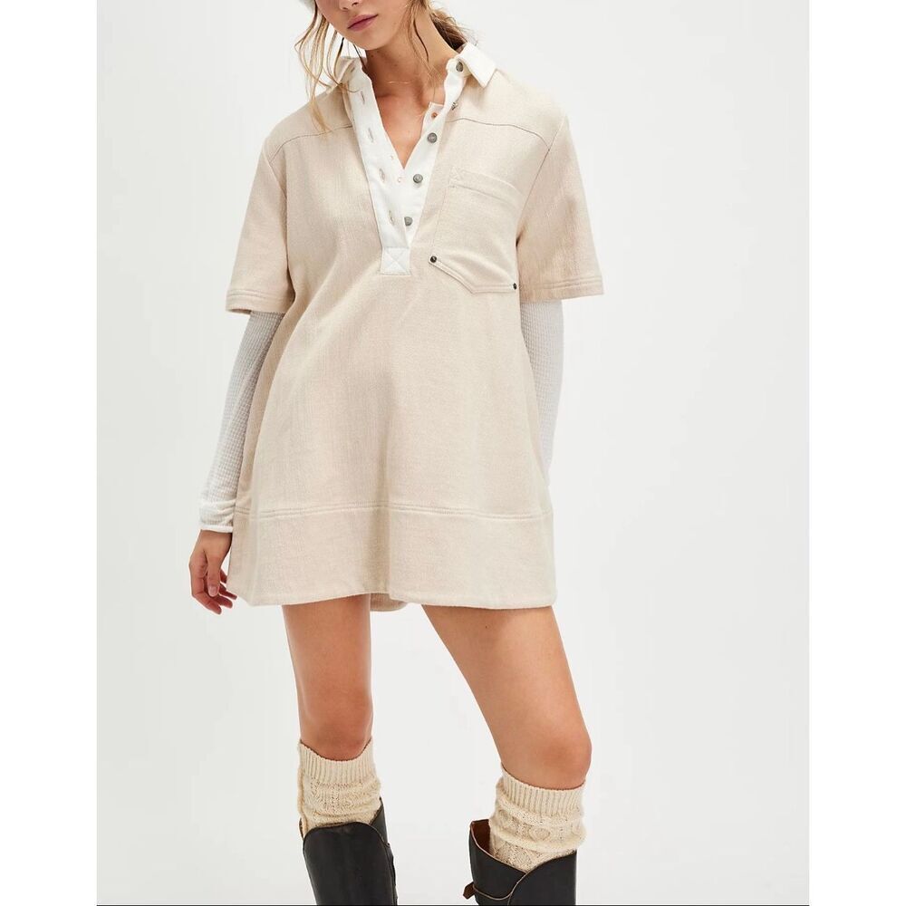 NWOT Free People Remino Classic Polo Collar Mini Beige Shirt Dress Women's Small